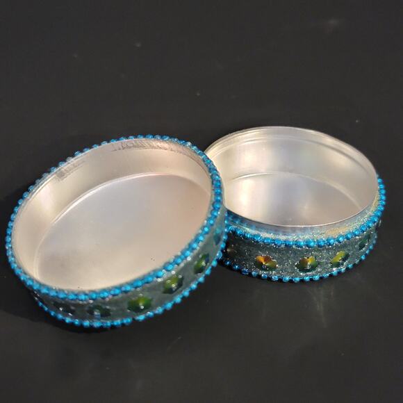 Mini Sequin Trinket Box 1" Silver Blue Small Boho Jewelry Holder - Picture 9 of 12